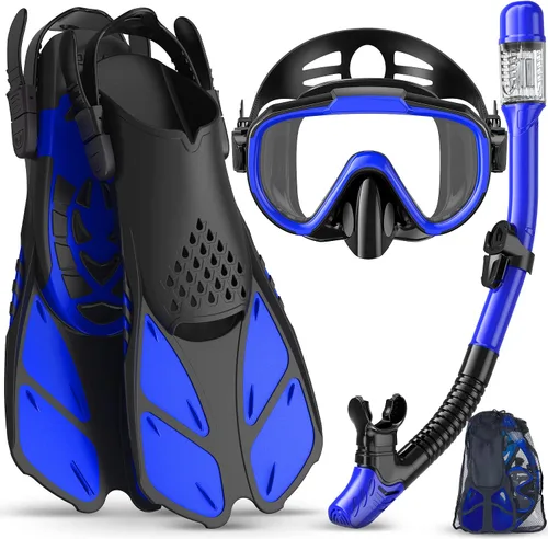 Vista 12 de Ubekezele Equipo de esnórquel para adultos, hombres y mujeres, juego de esnórquel 4 en 1 con máscara de buceo con vista panorámica, antivaho