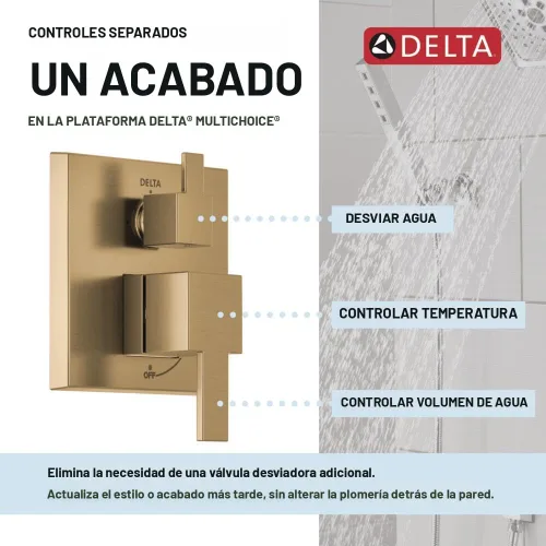 Vista 4 de Sistema de Ducha de Lluvia Cuadrado Delta Modern Serie 14, Conjunto de Grifo, Cabezal de Ducha de Lluvia Oro Cepillado y Conjunto de Mango, Kit