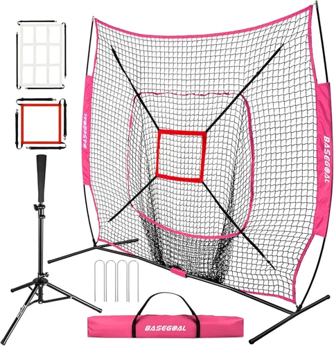 Vista 11 de BaseGoal Red de práctica de sóftbol de béisbol de 7 x 7 pies, respaldo de béisbol, con camiseta de bateo, para golpear lanzar, batear, atrapar
