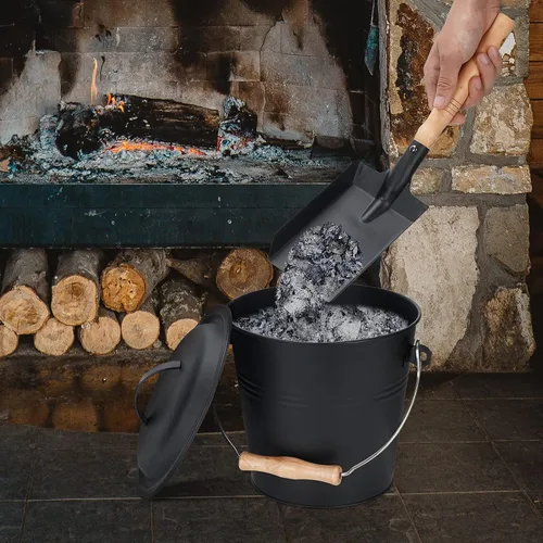 Vista 5 de Cubo de cenizas de metal de 1.5 galones con tapa, pala, escoba - Para chimeneas, estufas de leña