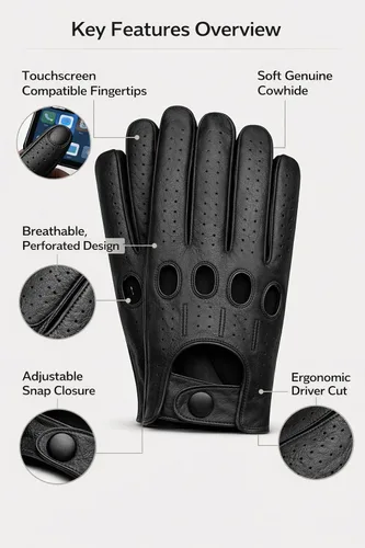 Vista 3 de Riparo - Guantes de conducción de cuero perforado para hombre, piel de vaca auténtica negra, estilo deportivo de motor con pantalla táctil, guantes
