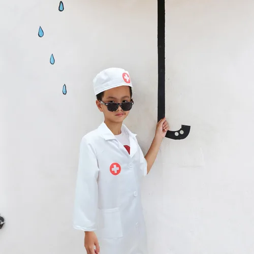 Vista 7 de WRITWAA Disfraz de médico para niños, abrigo de laboratorio blanco, disfraz de médico con sombrero, disfraz de científico para niños, disfraz