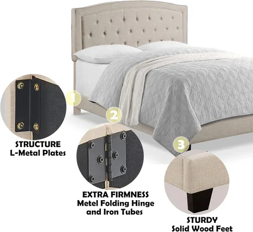 Vista 3 de Rosevera Jordana - Marco de cama de panel con cabecera ajustable con botones para dormitorio, tapizado de lino, soporte de listones de madera, fácil