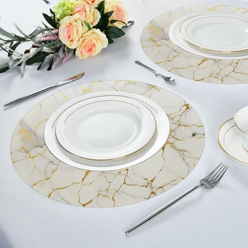 Vista 4 de Marble Print Gold Texture Round Place Mats Set of 1, Heat Resistant Washable Placemats Polyester Round Table Mats for Kitchen Home Decor Holiday