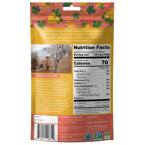 Vista 2 de Ziba Foods Kishmish Pasas Sin OMG, vegano, entero 30 amigable y paleo Superalimento naturalmente alto en fibra, hierro y antioxidantes que