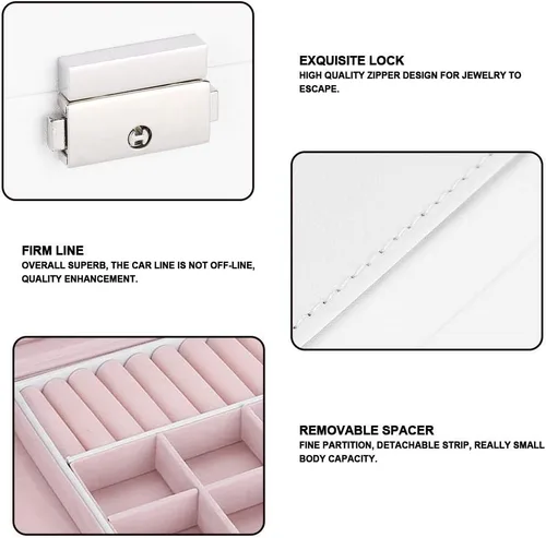 Vista 5 de TMISHION Caja organizadora de joyería, caja de almacenamiento, bandeja extraíble de 2 capas para aretes, pulsera de cuero, organizador de joyas