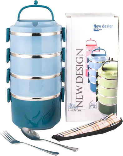 Vista 8 de SANQIAHOME Lonchera apilable de acero inoxidable de 3 niveles sellada (azul, 3 capas) con cuchara y tenedor