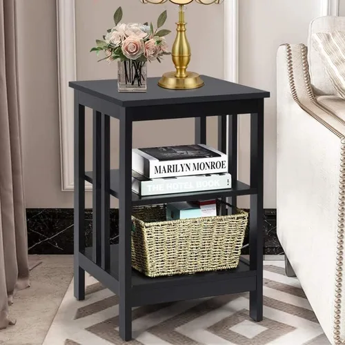 Vista 2 de Mesa auxiliar con estante de almacenamiento de 3 niveles para sala de estar, dormitorio, marco de madera estable, fácil montaje (negro, 1 unidad)