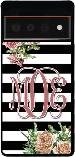 Vista 5 de Funda de goma negra con monograma de barras de flores vintage, compatible con Google Pixel 10, 10 Pro, 10 Pro XL, 9a, 9 Pro, Pixel 9, Pixel 9 Pro