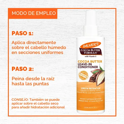 Vista 5 de Palmer's Acondicionador sin enjuague de Mantequilla de Cacao y Biotina para retener el largo, fortalece, minimiza el encrespamiento y desenreda