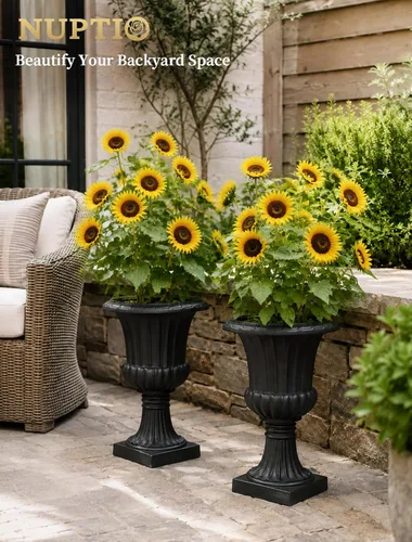 Vista 6 de NUPTIO Urn Planters for Front Porch: 19.7 Inch Set of 2 Black Pedestal Pots