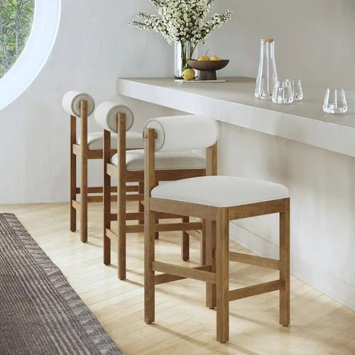 Vista 14 de Nathan James Dahlia - Silla de altura para encimera, taburete de bar moderno tapizado en bouclé con respaldo, patas de metal de mediados de siglo