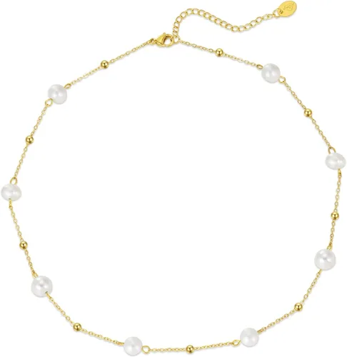 Vista 7 de Gargantilla de perlas, chapado en oro de 14 quilates, delicado collar de gargantilla con cuentas para mujeres y niñas, collar de perlas naturales