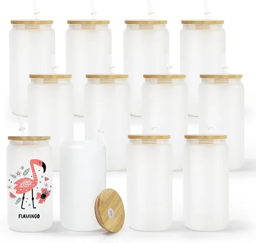 Vista 13 de AGH - Paquete de 12 latas de vidrio de sublimación transparentes de 16 onzas con tapas y popotes de bambú, tarro de vidrio helado de masón, vaso