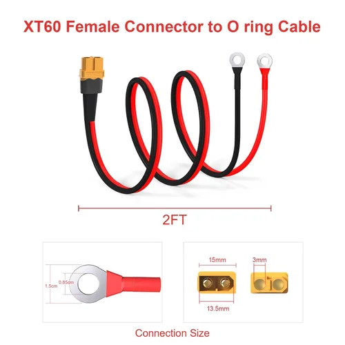 Vista 5 de ELFCULB Cable Terminal XT60 a Anillo O, Cable Conector Hembra XT60 de 10AWG a Anillo O con Cable Puro Estañado para Batería RC Solar Estación
