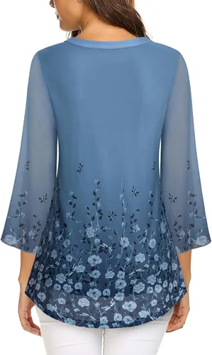 Vista 4 de VALOLIA Blusa tipo túnica floral de manga 34 para mujer, cuello en V, doble capa, ajuste holgado, de malla
