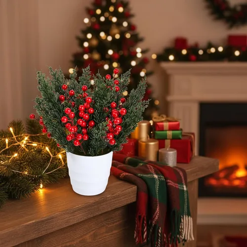 Vista 6 de Decoraciones navideñas para el hogar, interiores, ramas de pino artificial de hoja perenne con tallos de bayas rojas para árboles de Navidad 50