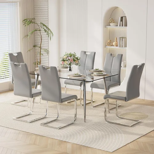 Vista 12 de Juego de mesa de comedor moderno de 51 pulgadas para 4 mesas rectangulares de cristal con 4 sillas tapizadas de cuero, asientos 4 ideales para Beige