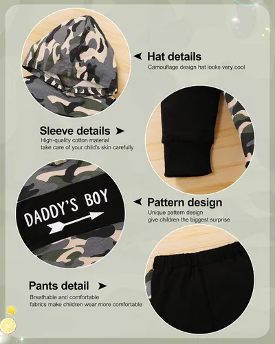 Vista 5 de Ropa para bebé niño 2 unidades sudadera con capucha clásica a cuadros con estampado de letras y pantalones de camuflaje