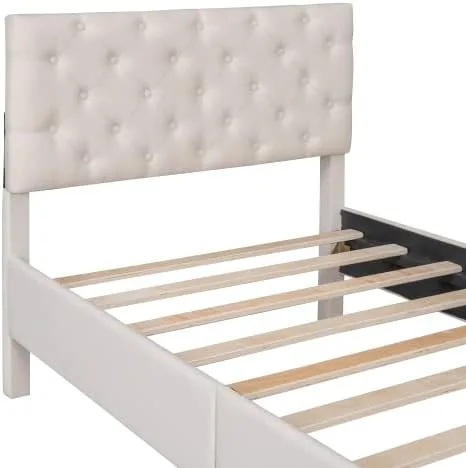 Vista 4 de Marco de cama de plataforma de tamaño individual, marco de cama tapizado de lino de diseño moderno con cabecera copetuda, cama de almacenamiento