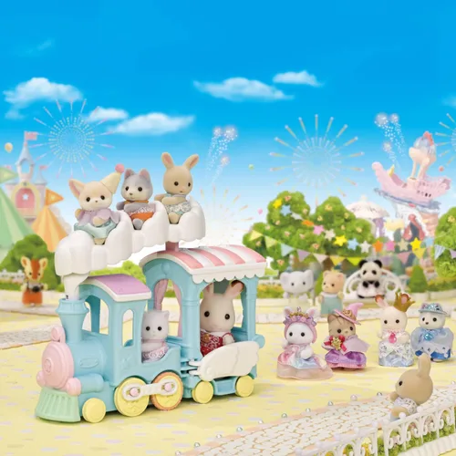 Vista 6 de Calico Critters – Tren de arco iris de nube flotante – Serie de atracciones Calico Land – Juguete de simulación para niños, vehículo en miniatura