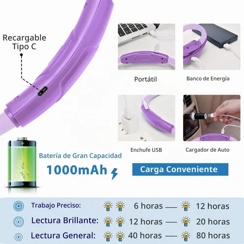 Vista 5 de LUXJET Luz de lectura ajustable y flexible para el cuello con 3 modos de Púrpura