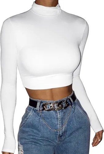 Vista 3 de LCNBA Camiseta corta de manga larga para mujer, cuello alto, sexy, básica, recortada