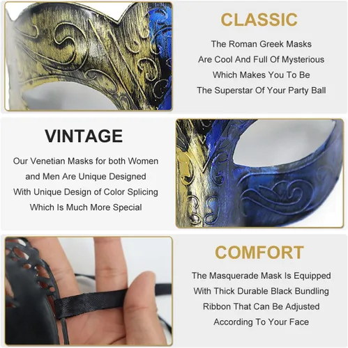 Vista 2 de Máscara de máscaras para hombres, parejas, máscara griega romana para Mardi Gras veneciano, disfraces, fiesta, baile de graduación (oro real + azul)