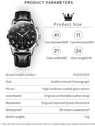 Vista 7 de OLEVS Relojes para hombre de vestir cronógrafo analógico cuarzo fase lunar para hombre luminoso impermeable relojes de pulsera masculinos