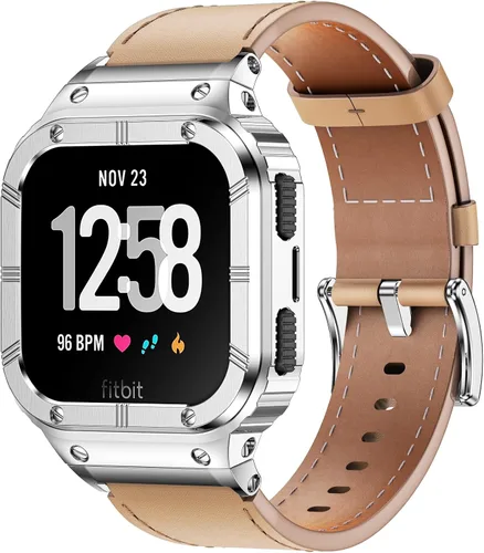 Vista 11 de BAITEYOU Correas de cuero con funda de acero inoxidable compatible con Fitbit Versa 1 2 3 4 Lite Sense 2 1 funda protectora para hombres