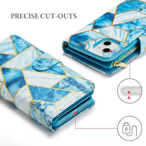 Vista 5 de UEEBAI Funda para iPhone 13 de 6.1 pulgadas, Cartera de piel sintética retro a prueba de golpes con función de soporte de ranuras para tarjetas Azul