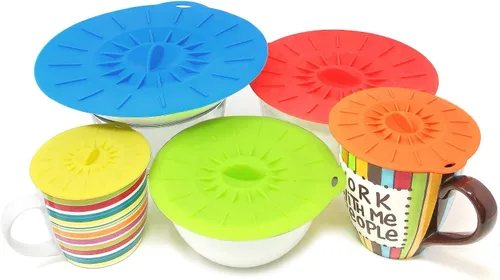 Vista 5 de allydrew Tapas reutilizables de silicona con ventosas, cubiertas de almacenamiento de alimentos para cuencos, ollas, sartenes, tazas (juego de 5)