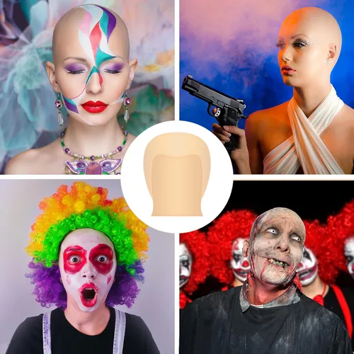 Vista 6 de Gorra sin cabello para Halloween, gorras sin cabello para maquillaje, peluca sin cabello, accesorio de disfraz para adultos, mujeres y hombres, Tez