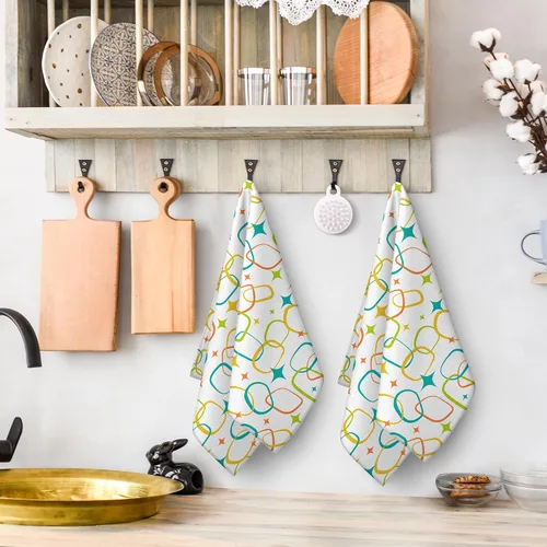 Vista 3 de Juego de 2 toallas de cocina modernas de mediados de siglo, toallas de mano absorbentes, paños de cocina retro para cocinar, hornear, baño, granja