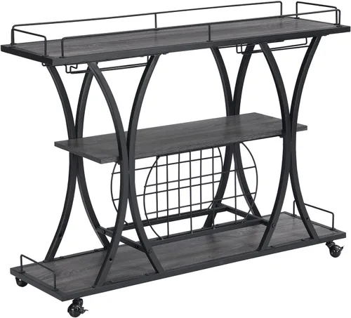 Vista 6 de KIVENJAJA Carrito de bar industrial, carrito de servicio rodante con estantes para vino y soporte para vidrio, estante de 3 niveles de licor