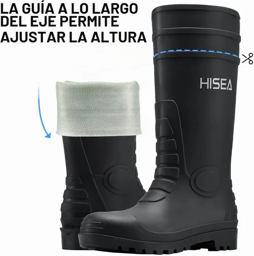 Vista 7 de HISEA Botas de lluvia para hombre con refuerzo de acero, botas de goma impermeables, botas de lluvia de PVC sin costuras, calzado protector Negro