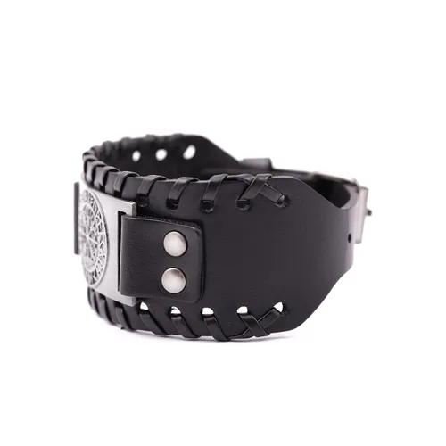 Vista 2 de HAQUIL Pulsera vikinga wicca egipcia negra marrón ancha de cuero pulsera antigua medieval joyería regalo para hombres
