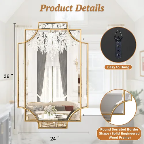 Vista 6 de Espejo de baño dorado para pared, espejo rectangular de tocador de 24 x 36 pulgadas, espejo decorativo moderno biselado pulido para entrada, sala