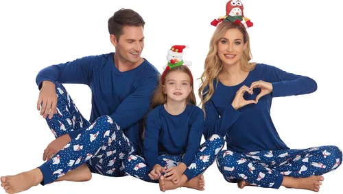 Vista 2 de Ekouaer Pijamas a juego para la familia, ropa de dormir de Navidad de manga larga con pantalones a cuadros, conjunto de pijamas suaves S-XXL