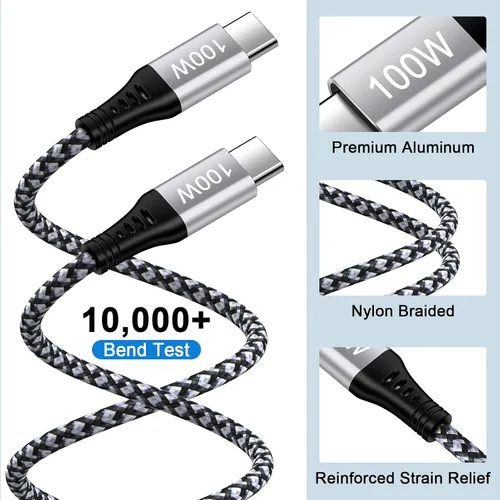 Vista 2 de Cable Pixel de 100 W tipo C a tipo C para Google Pixel 10, 10a, 9, 8, 7, 6 pies, PD 5A, cable USB C a USB C, cable trenzado de nailon tipo C