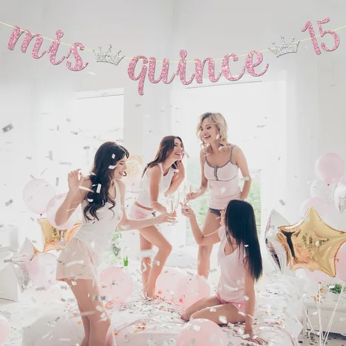 Vista 5 de Maicaiffe Cartel Mis Quince 15 – Decoración para fiesta de cumpleaños de 15 años para niña – Quince años – Decoración de fiesta de feliz cumpleaños