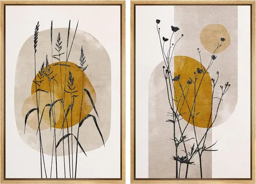Vista 105 de IDEA4WALL Lienzo Enmarcado Impreso Arte de Pared Set Paisaje de Hojas de Palma de Selva de Mediados de Siglo Naturaleza Silvestre Ilustraciones Arte