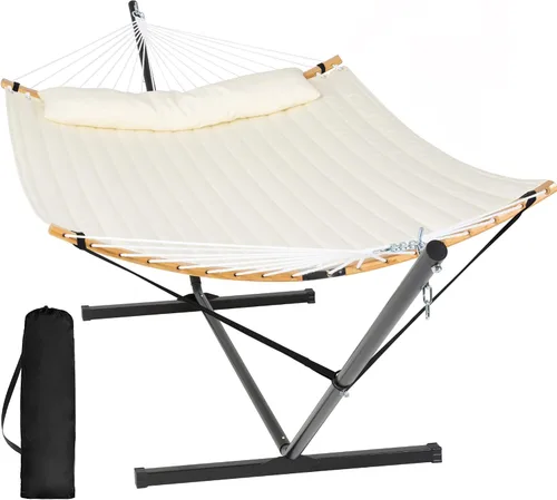 Vista 8 de SUNCREAT Hamaca doble con soporte incluido, hamaca portátil con soporte y almohada grande, rayas azules