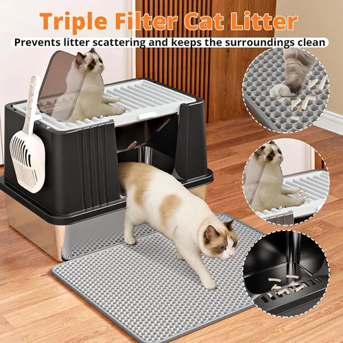 Vista 4 de Oneluck XXL - Caja de arena para gatos de acero inoxidable con tapa Negro