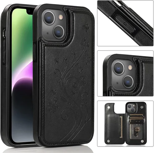 Vista 2 de Funda compatible con iPhone 15 Plus de 6.7 pulgadas con protector de pantalla de vidrio templado y tarjetero con soporte para tarjetero, funda