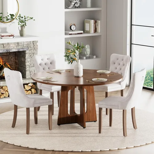 Vista 39 de Mesa de comedor redonda estilo granja para 6, mesa de cocina circular de 47" MDF con acabado de grano de madera, mesa de cocina y comedor de madera