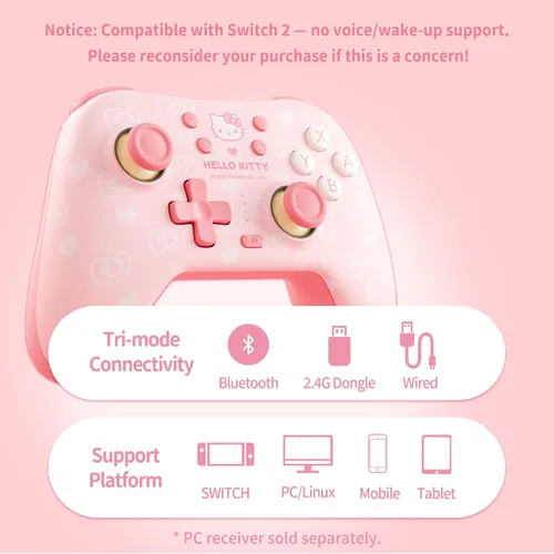 Vista 3 de Kuitmor Pink Switch Controller,Hello Kitty Hall Effect Controllers Wireless for Switch 2/1/OLED/Lite,PC,Android,iOS Bluetooth + Wired,1000mAh