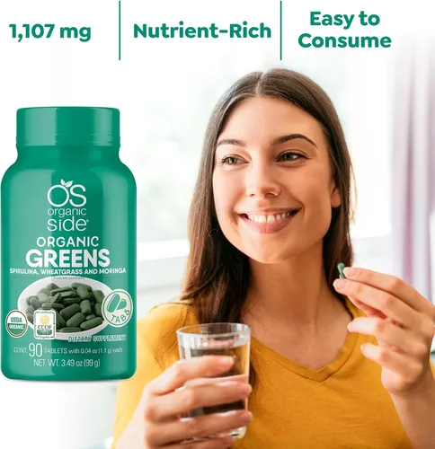 Vista 4 de OS Organic Side - Verdes orgánicos (espirulina, pasto de trigo y moringa) 90 tabletas - Rico en vitaminas y minerales - Super Greens 1100 mg