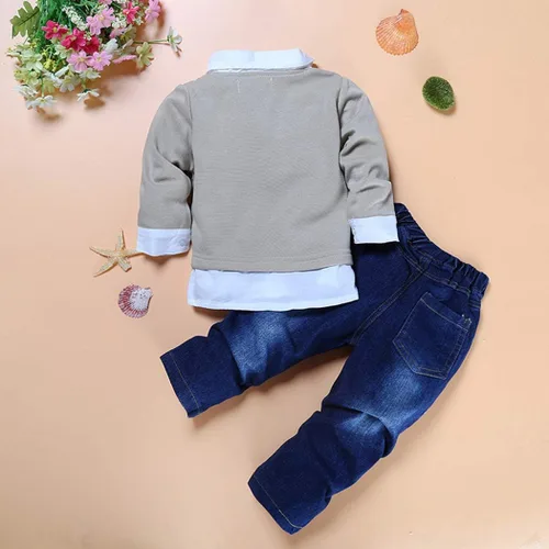 Vista 3 de MYGBCPJS Conjunto de 3 piezas de camisa a cuadros + camiseta + jeans con tirantes