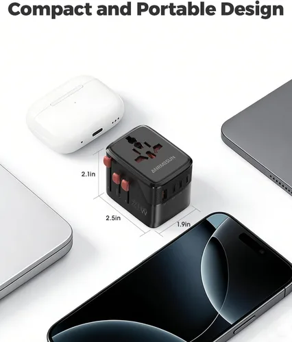 Vista 7 de Adaptador de viaje universal, adaptador de corriente internacional con 3 USB C (PD 20 W), 1 USB A, adaptador de enchufe todo en uno, esenciales